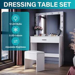 Dressing Table Vanity Set Stool Makeup 12 LED Bulbs Jewellery Organizer Cabinet - Elegantshowers