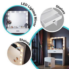 Dressing Table Vanity Set Stool Makeup 12 LED Bulbs Jewellery Organizer Cabinet - Elegantshowers
