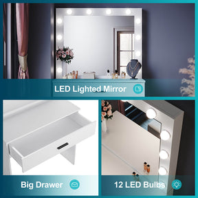 Dressing Table Vanity Set Stool Makeup 12 LED Bulbs Jewellery Organizer Cabinet - Elegantshowers