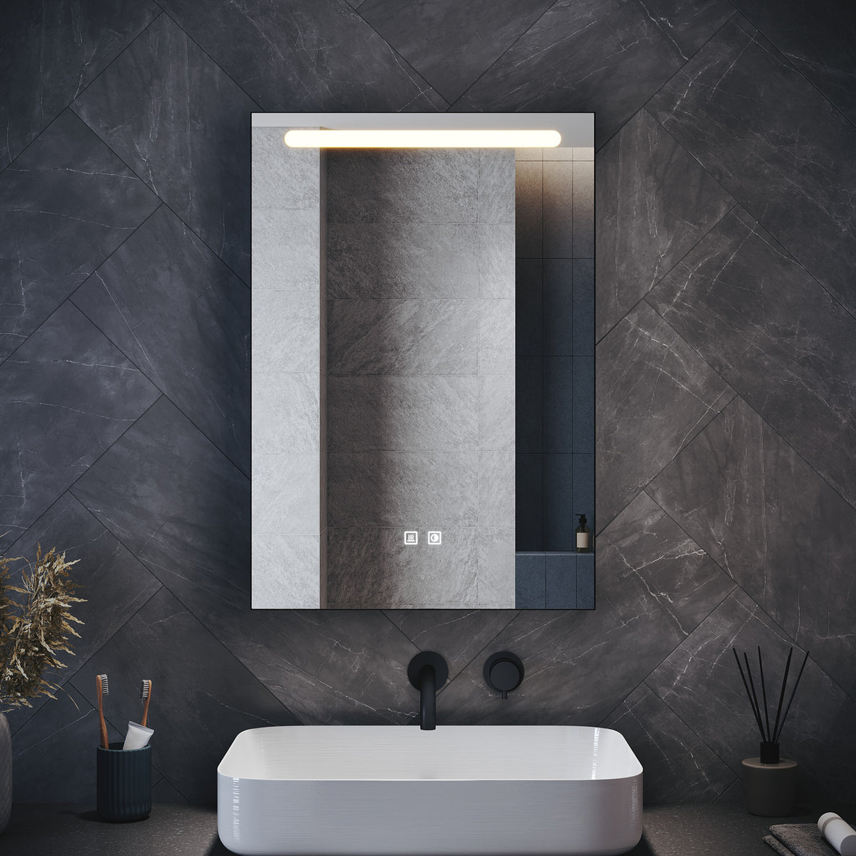 Single-door grey wooden mirror cabinet with cosmetic shelf 485x700x130mm