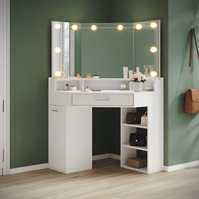 Corner dressing table with movable triple mirror, 3 open compartments, and 2 drawers, white
