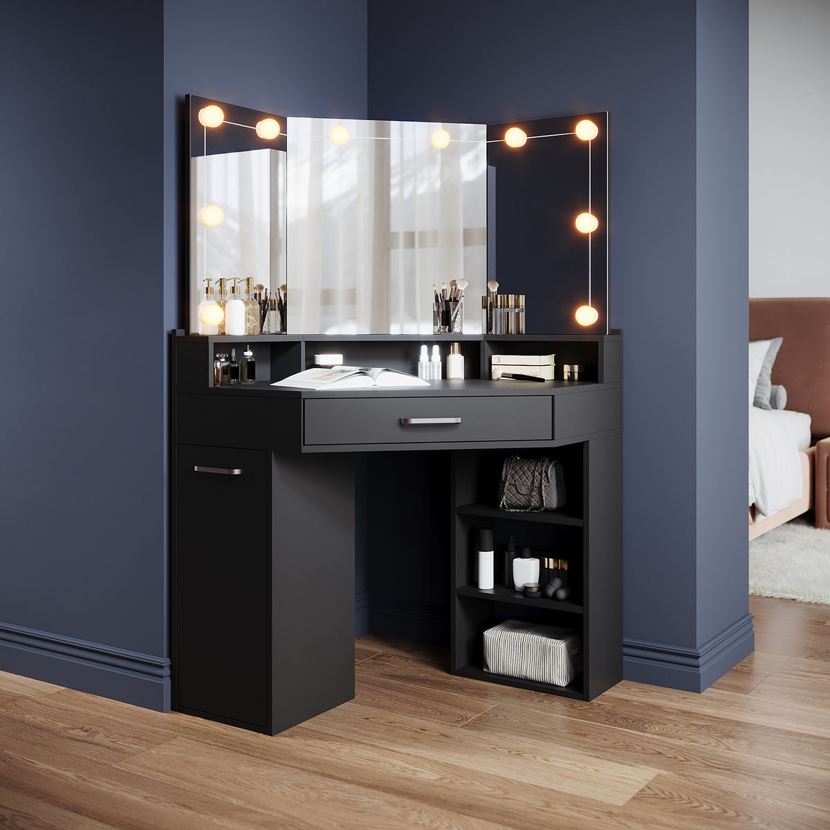 Corner dressing table with movable triple mirror, 3 open compartments, and 2 drawers, black