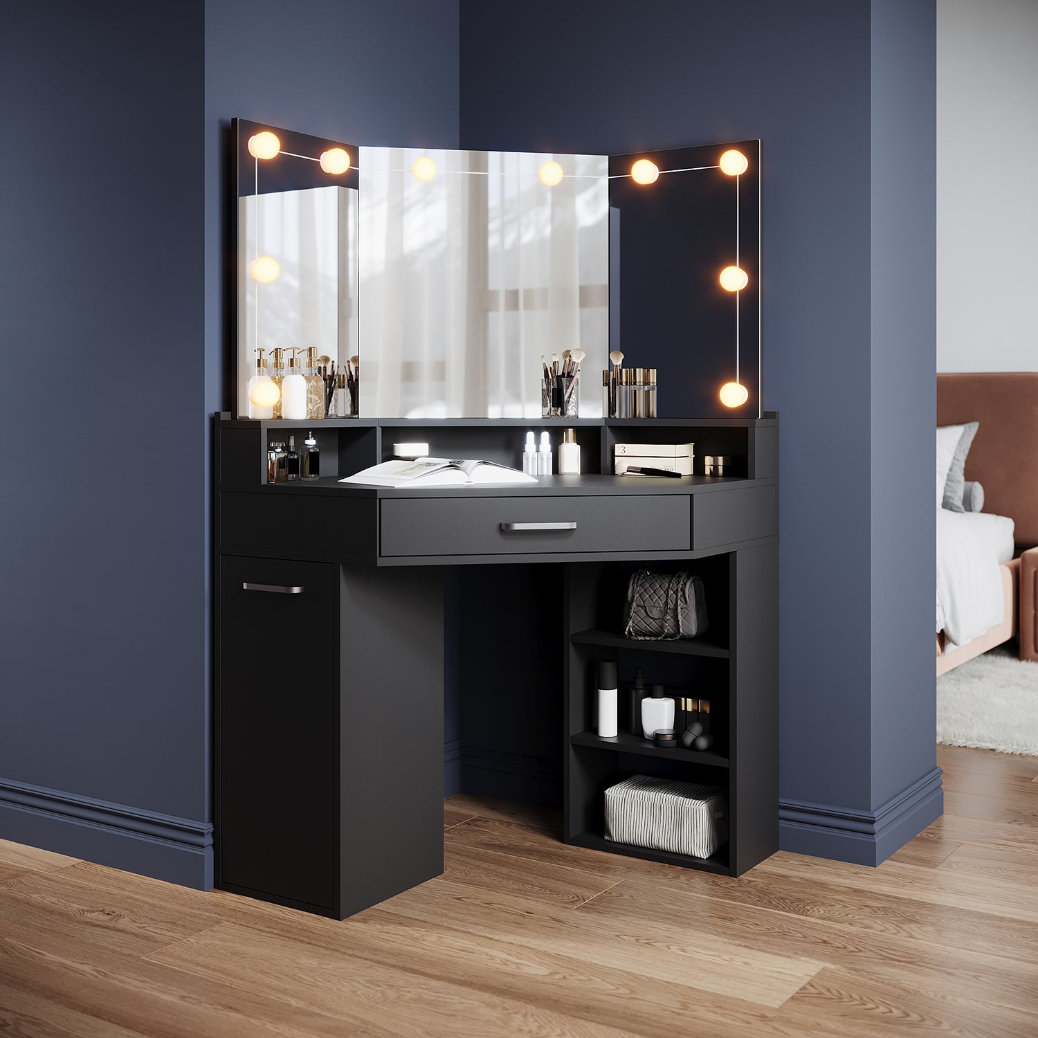 Corner dressing table with movable triple mirror, 3 open compartments, and 2 drawers, black