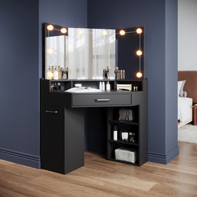 Corner dressing table with movable triple mirror, 3 open compartments, and 2 drawers, black