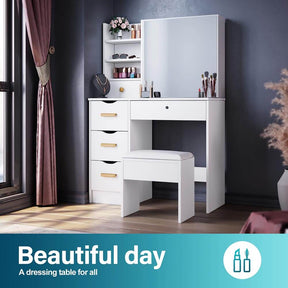 Dressing Table Stool Mirror Jewellery Cabinet Makeup Storage Drawer White - Elegantshowers