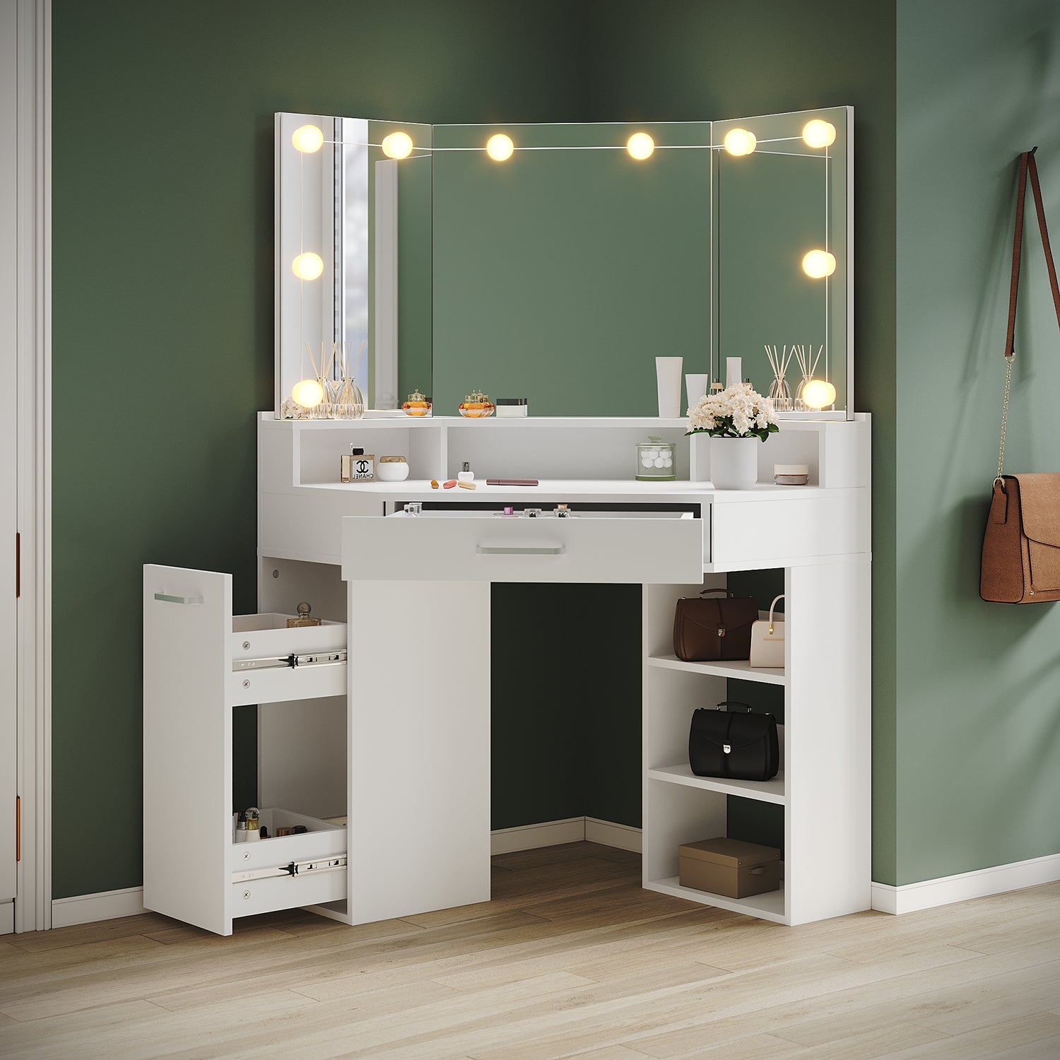 Corner dressing table with movable triple mirror, 3 open compartments, and 2 drawers, white