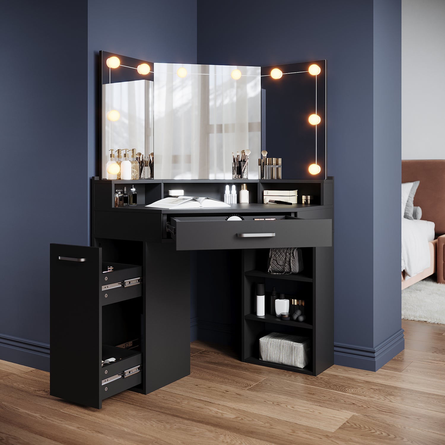 Corner dressing table with movable triple mirror, 3 open compartments,