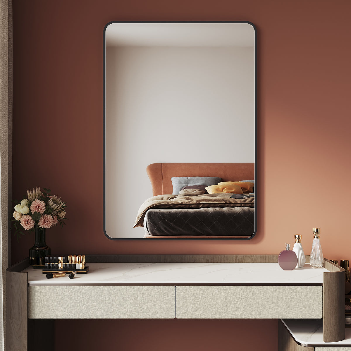 Makeup Mirror 1000x700x35mm, black frame, square wall mirror without light