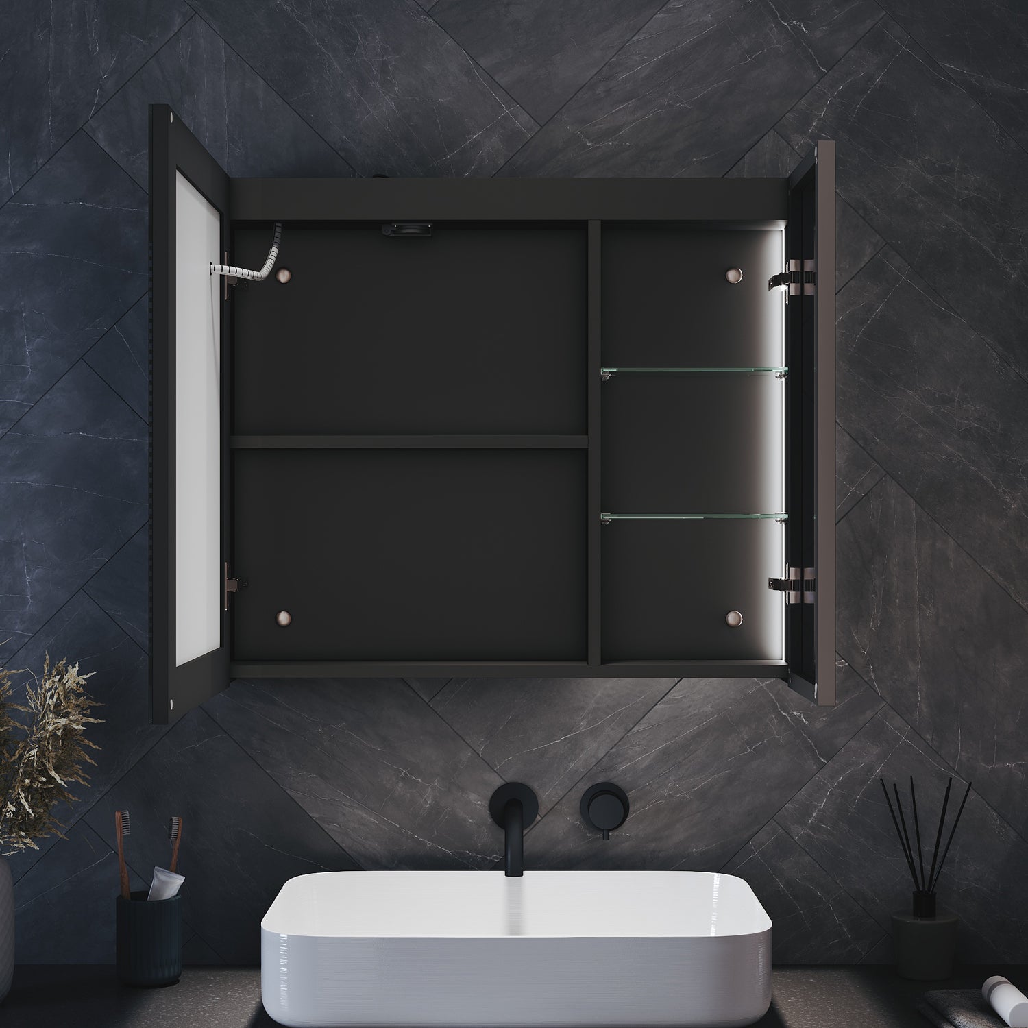 Bathroom cabinet with integrated mood lighting and glass shelves, Black Hemp, 700x600x125mm