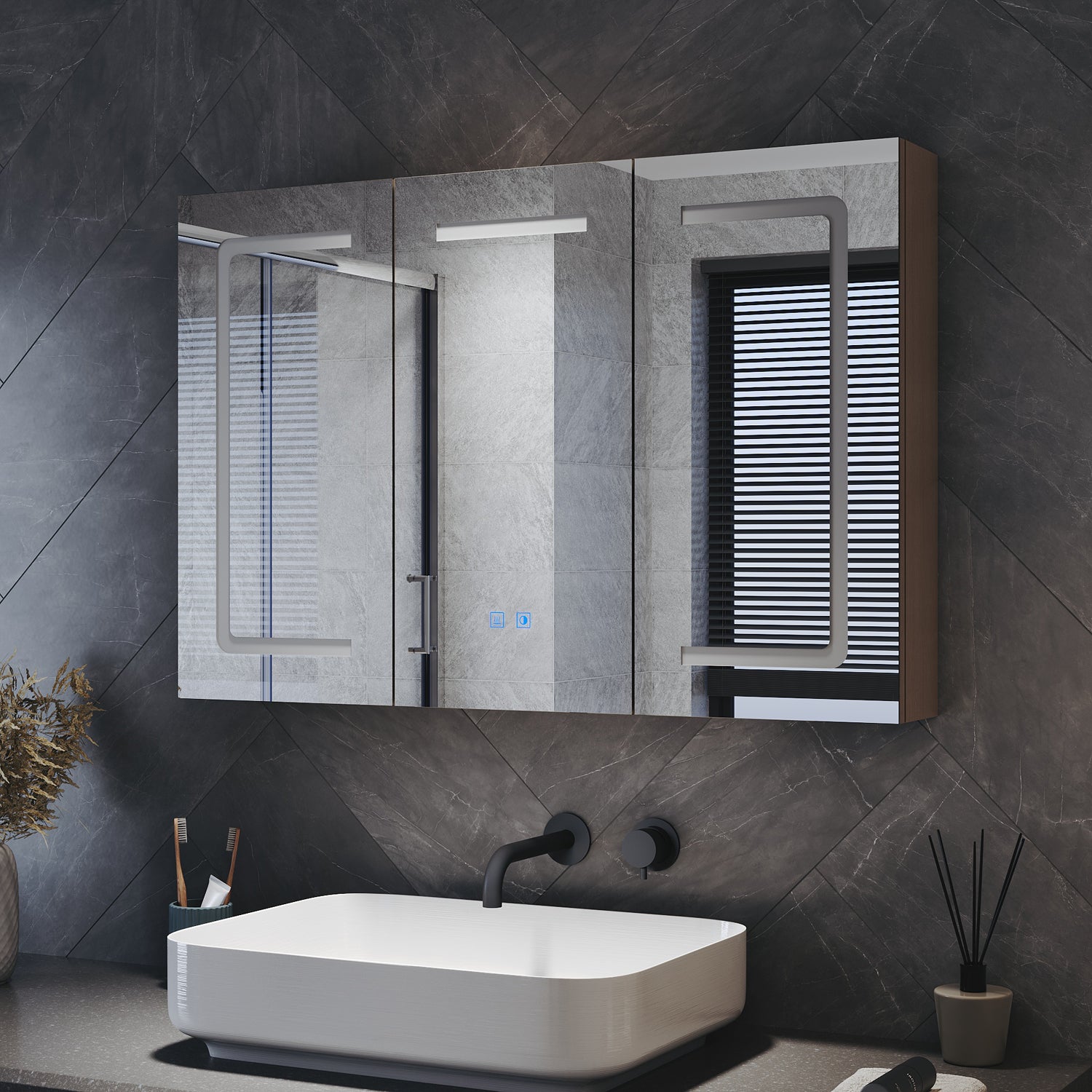 Three-door LED anti-fog bathroom cabinet, light coffee, 900x600x125mm