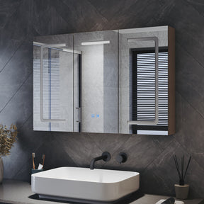 Three-door LED anti-fog bathroom cabinet, light coffee, 900x600x125mm