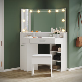 Corner dressing table with movable triple mirror, 3 open compartments, and 2 drawers, white