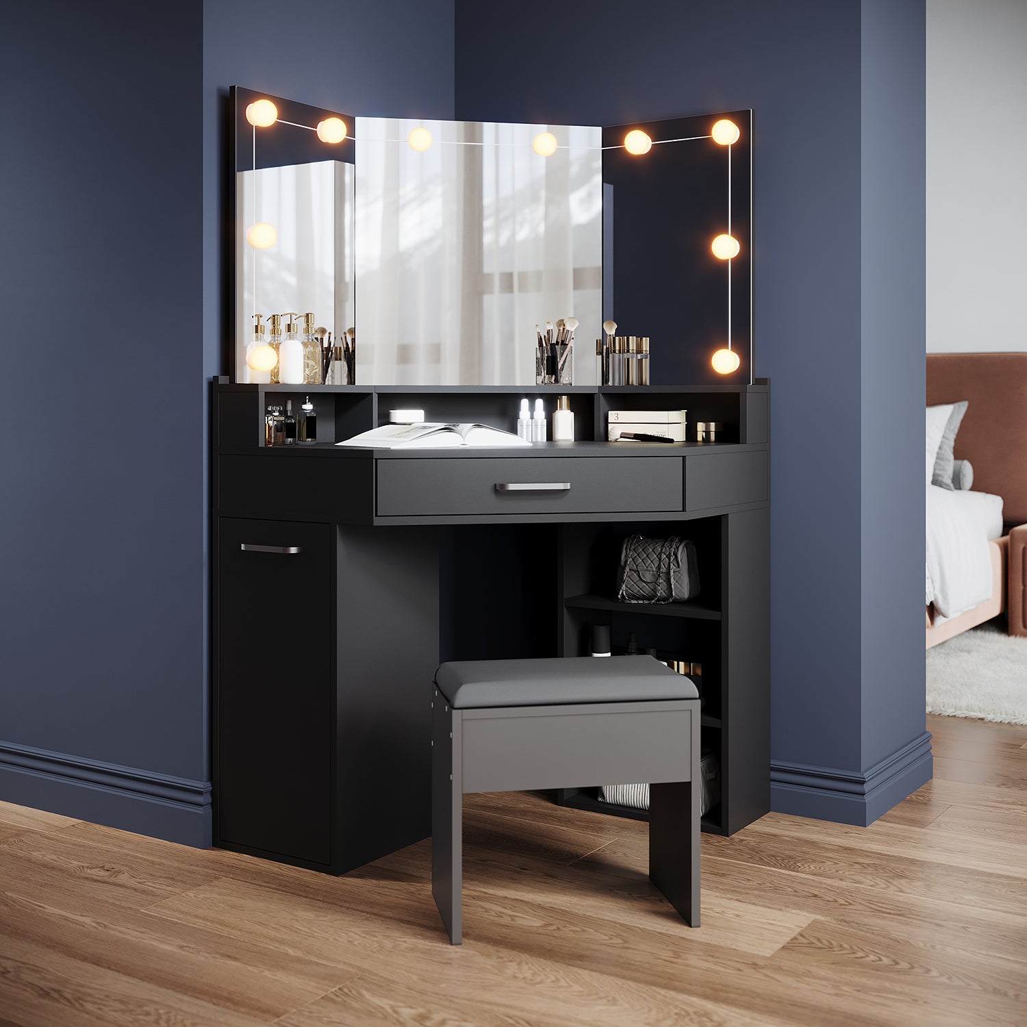 Corner dressing table with movable triple mirror, 3 open compartments, and 2 drawers, black