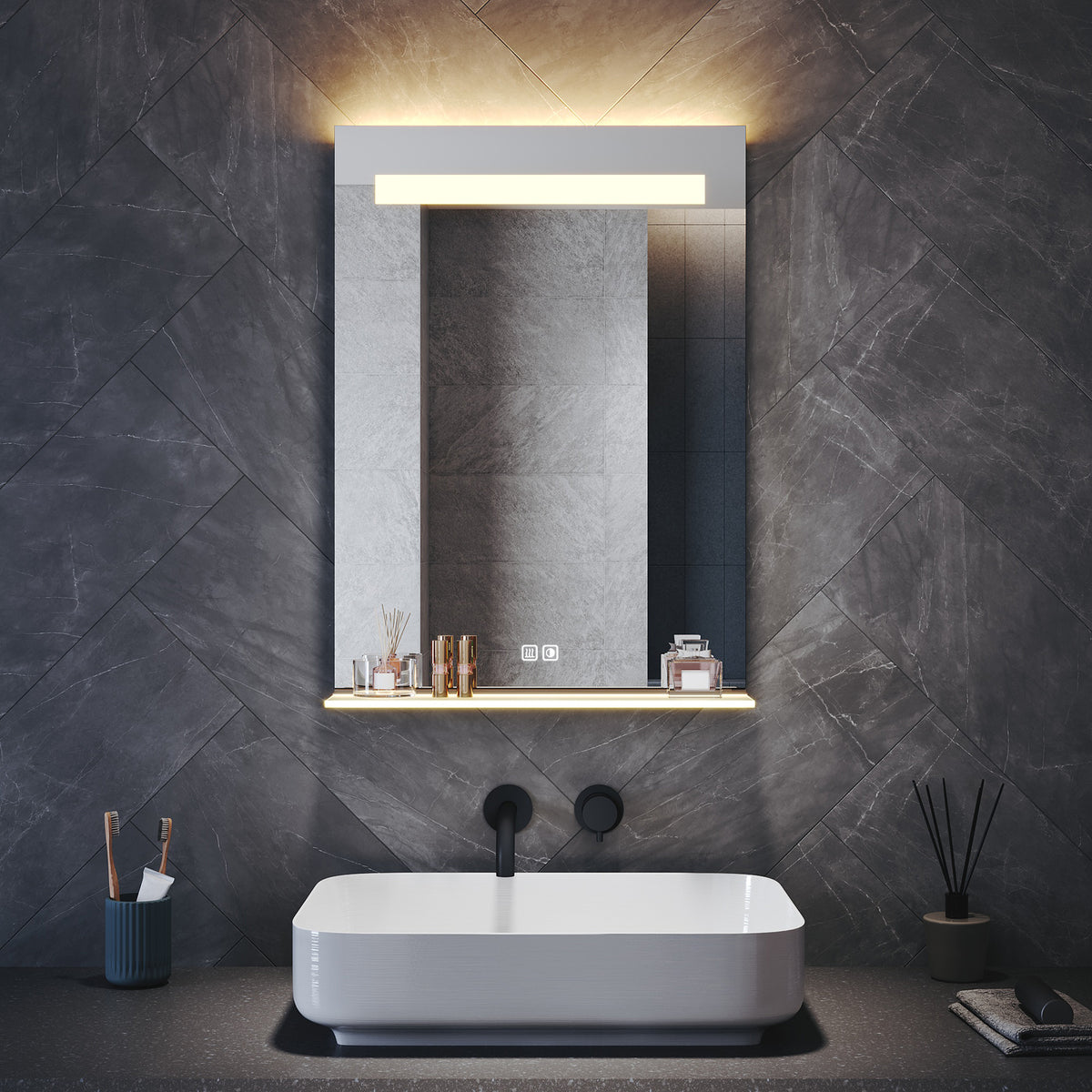 Square Bathroom Mirror with Lighting, 3 Light Colors with LED-Lit Shelf, 500x 700x35mm