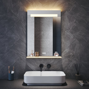 Square Bathroom Mirror with Lighting, 3 Light Colors with LED-Lit Shelf, 500x 700x35mm