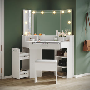 Corner dressing table with movable triple mirror, 3 open compartments, and 2 drawers, white