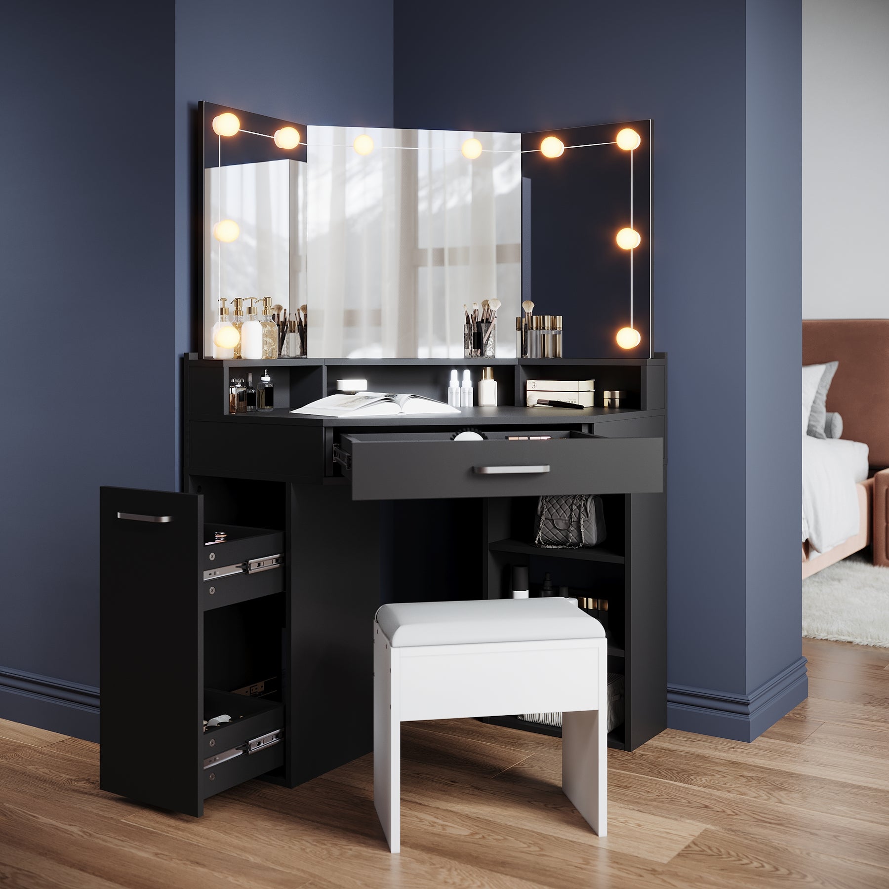 Corner dressing table with movable triple mirror, 3 open compartments,