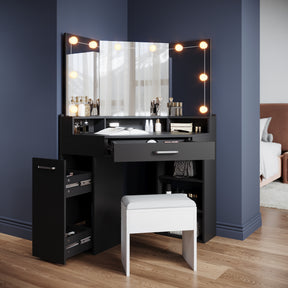 Corner dressing table with movable triple mirror, 3 open compartments, and 2 drawers, black