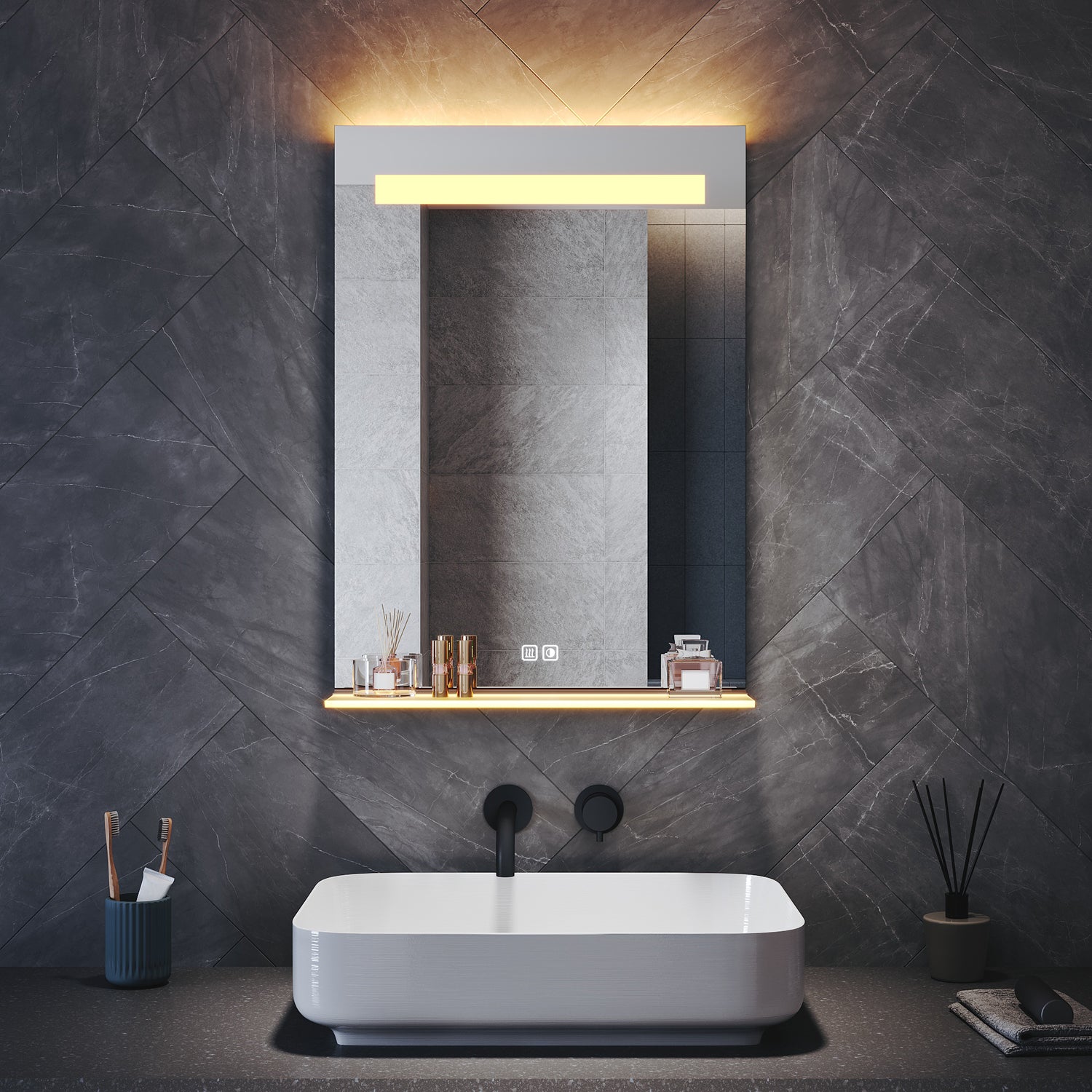 Square Bathroom Mirror with Lighting, 3 Light Colors with LED-Lit Shelf, 500x 700x35mm