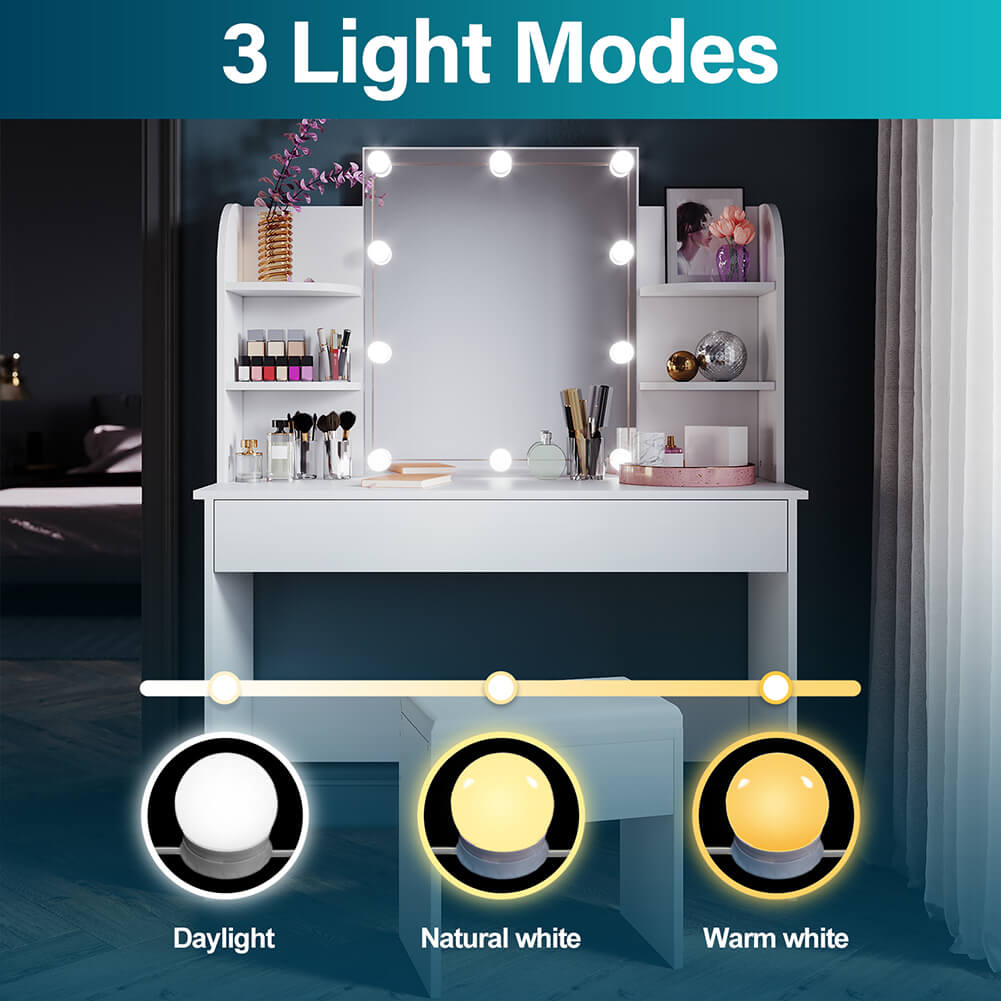White Dressing Table Lighting Vanity Mirror Dresser Bedroom Furniture Makeup - Elegantshowers