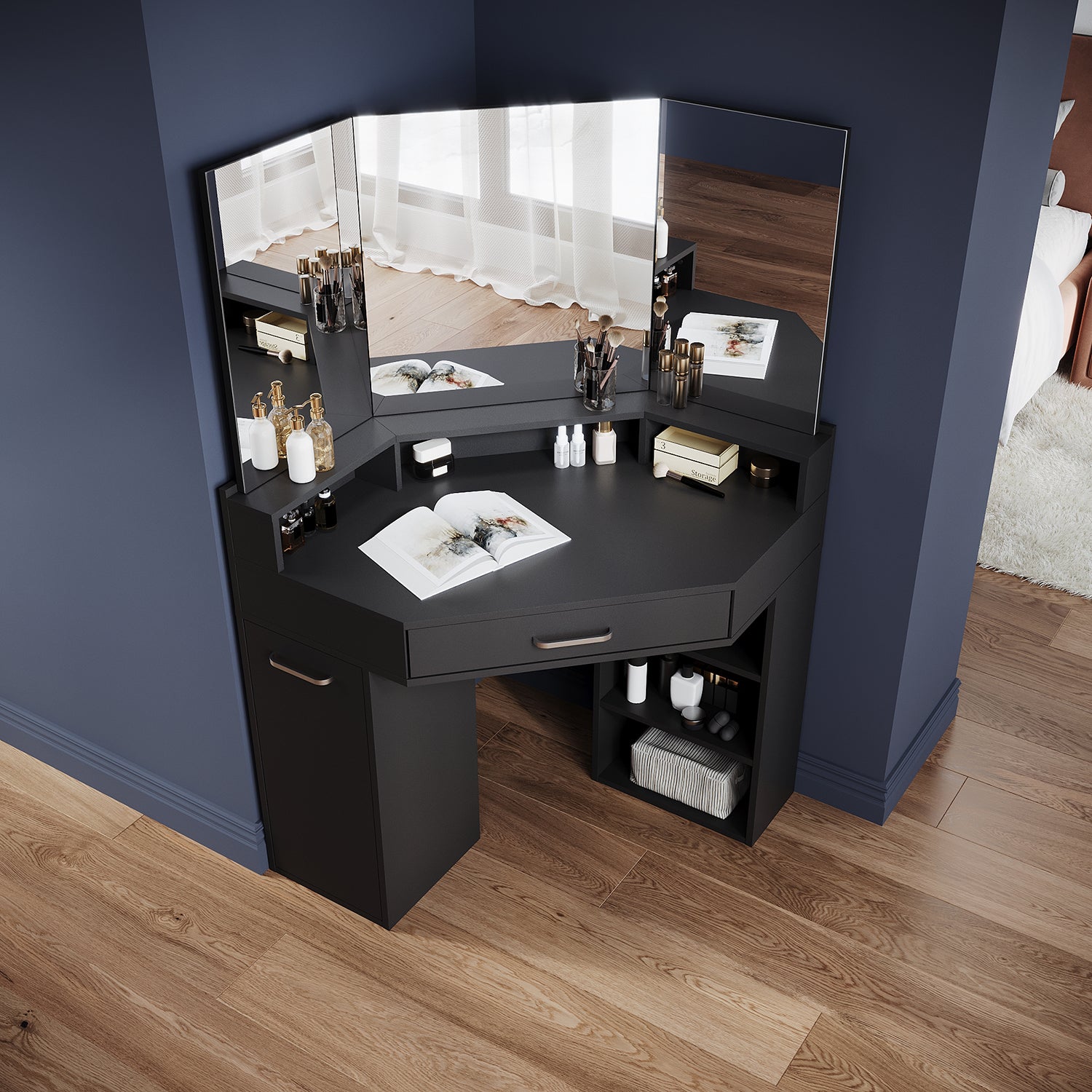 Corner dressing table with movable triple mirror, 3 open compartments, and 2 drawers, black