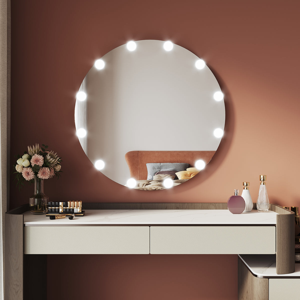 Round LED Vanity Mirror Wall Mount Or Tabletop Mirror with 3 Color Modes  800x800x35mm
