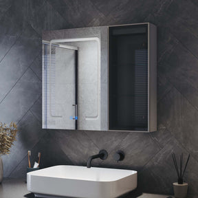 Bathroom cabinet with integrated mood lighting and glass shelves, Moroccan Gray, 700x600x125mm