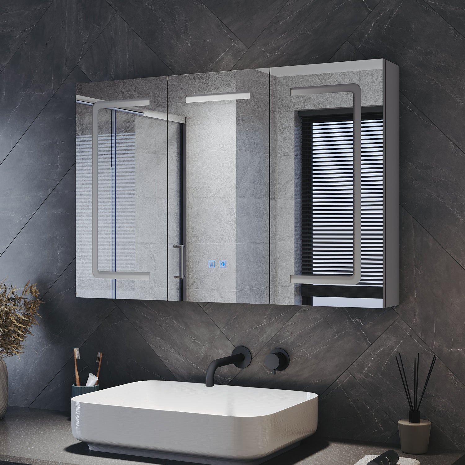 Three-door LED anti-fog bathroom cabinet, Moroccan Gray, 900x600x125mm