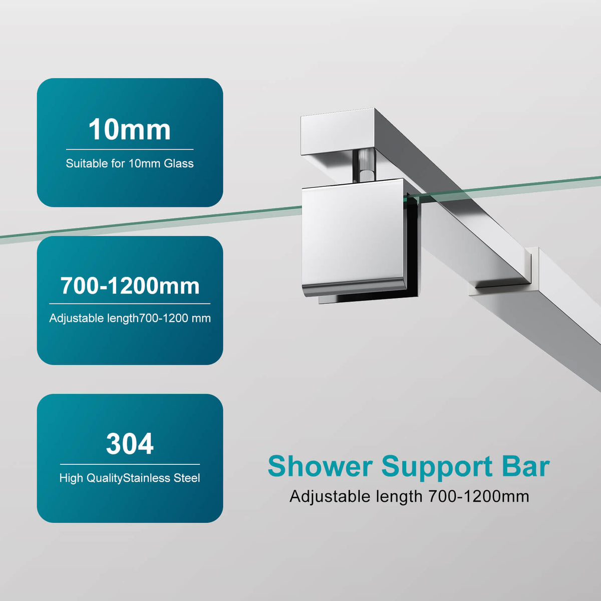 Adjustable length 700-1200mm Shower Screen Stainless Steel Support Bar Glass Panel Fixation - Elegant Showers AU