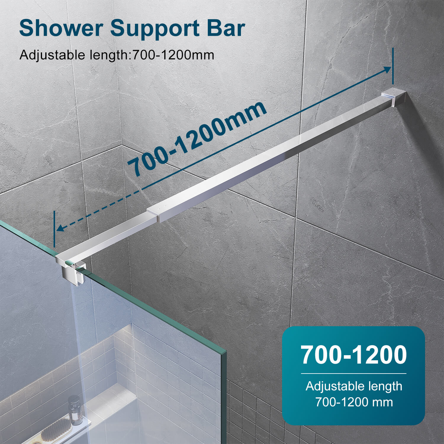 Adjustable length 700-1200mm Shower Screen Stainless Steel Support Bar Glass Panel Fixation - Elegant Showers AU