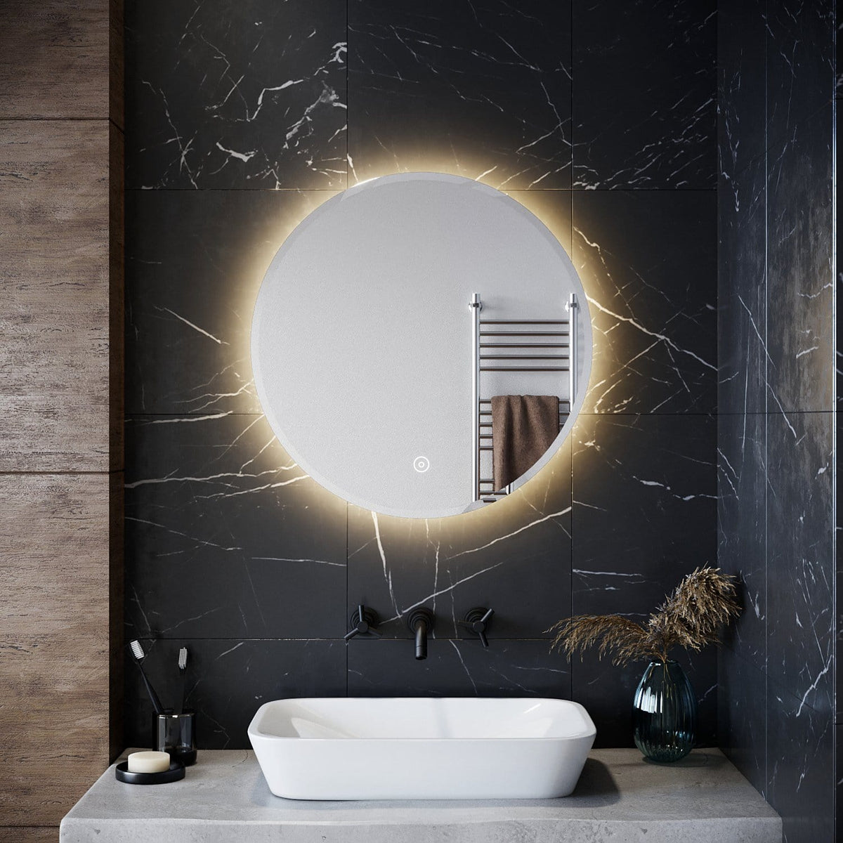 600x600mm Bathroom LED Round Mirror Touch Switch Anti Fogging Soft Yellow Light - Elegantshowers