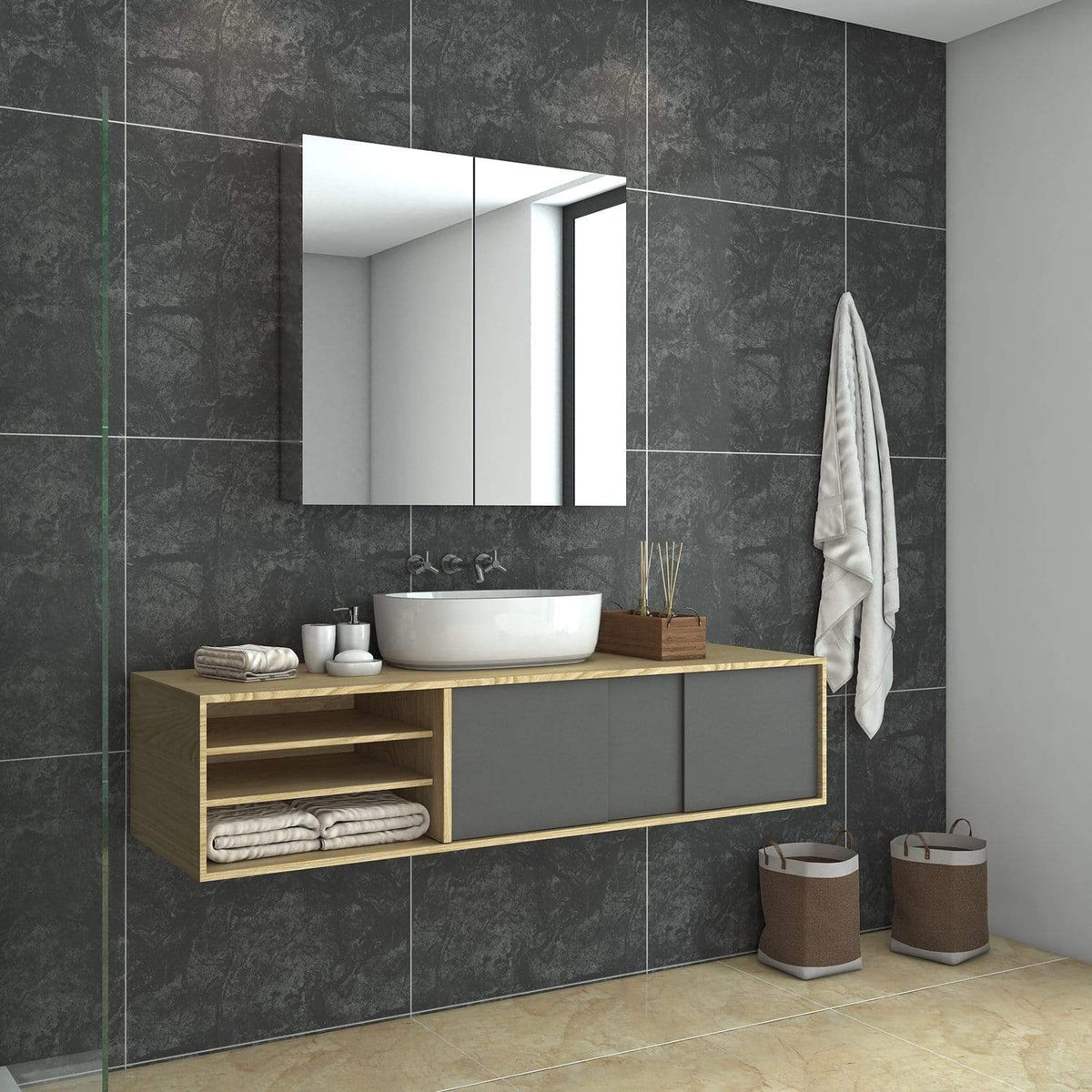 Bathroom Mirror Cabinet Storage Polished Stainless Steel Wall Mounted 750x150x710mm - Elegantshowers