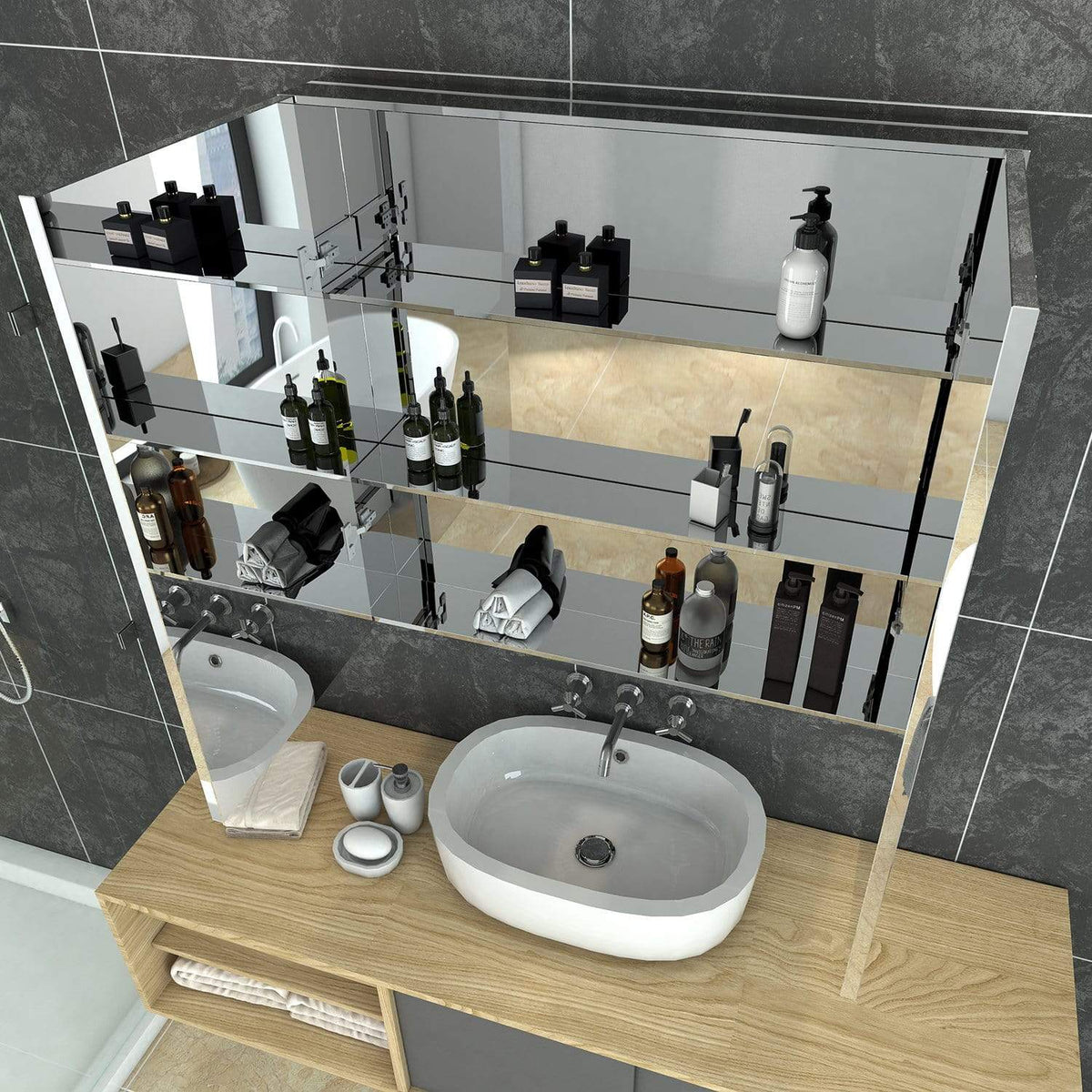 Bathroom Mirror Cabinet Wall Hung Shaving Storage Cupboard 600x130x710mm - Elegantshowers