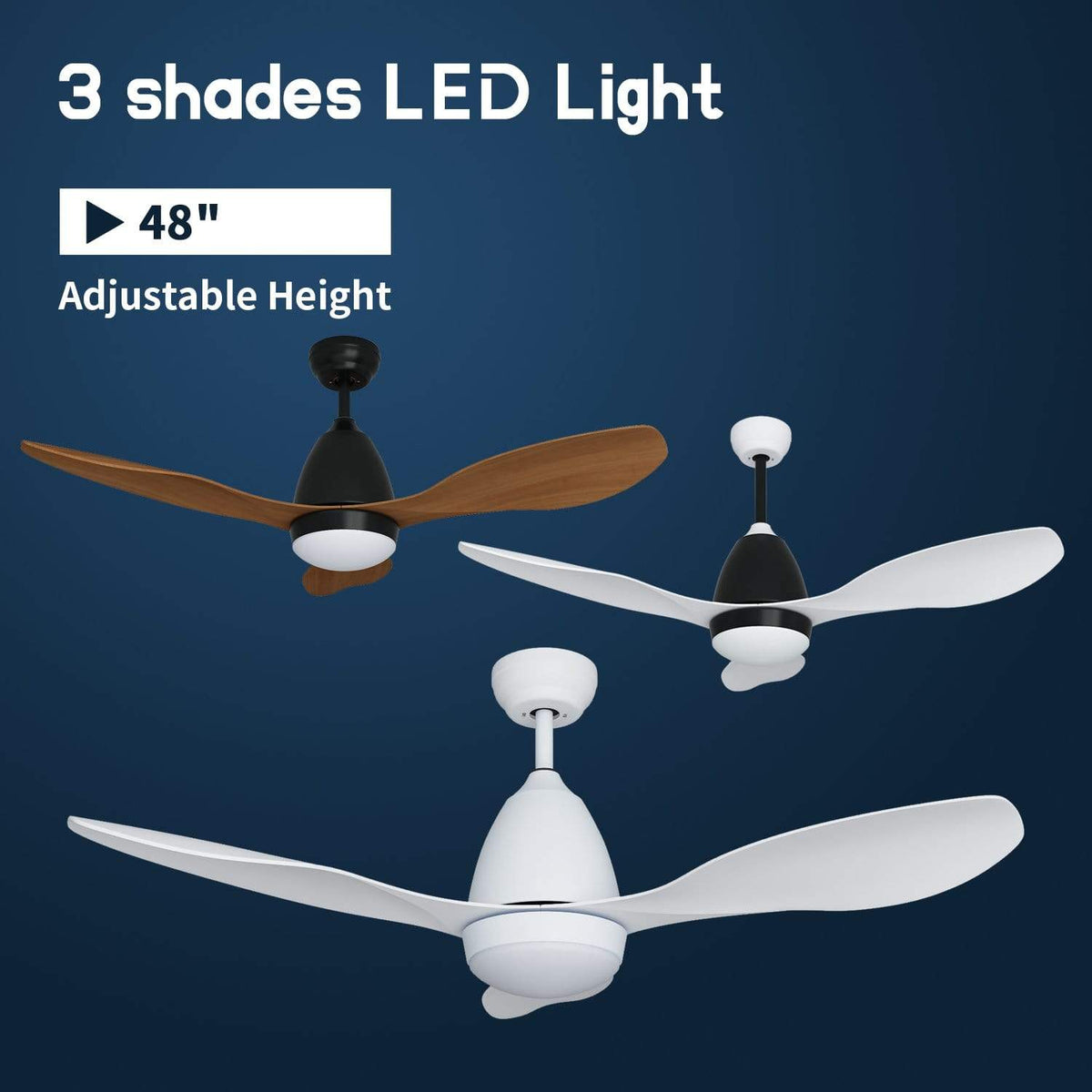48" 1200mm Ceiling Fan DC 3 Blades With Color Change LED Light & Remote Control - Elegantshowers
