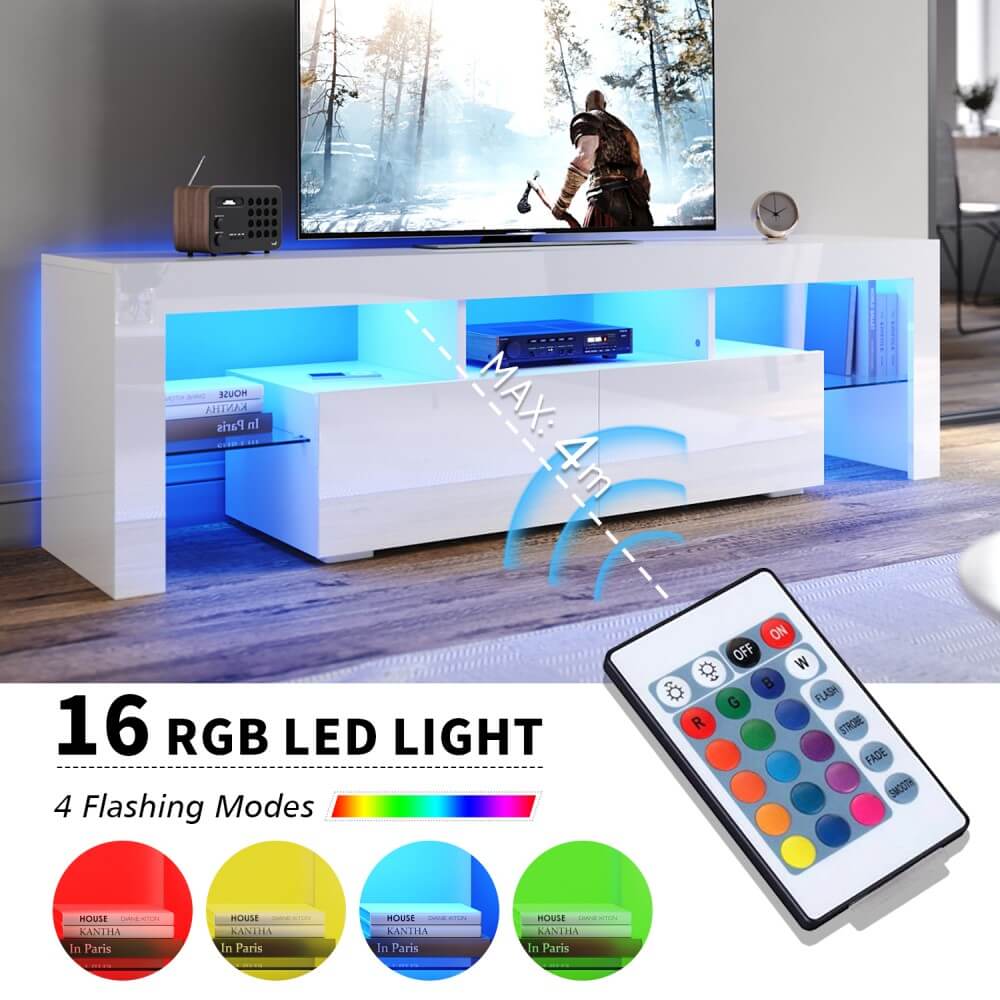 1600mm 16 Colors LED TV Entertainment Storage Unit White with 2 Horizontal Drawers - Elegantshowers
