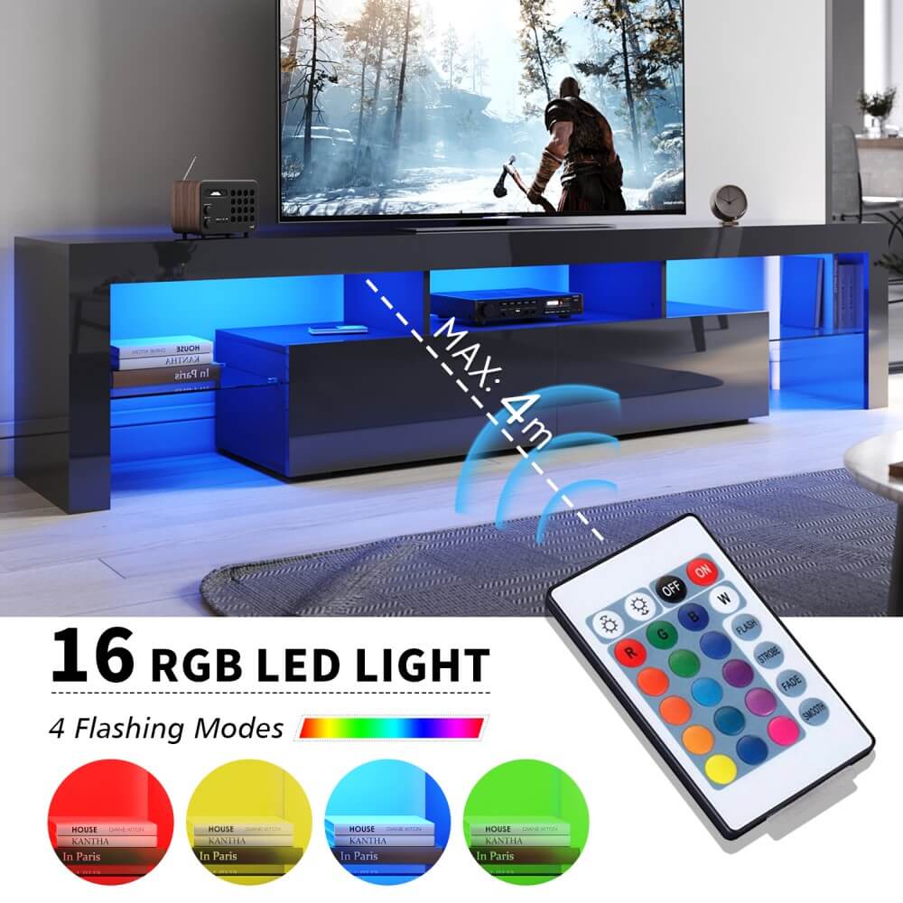 2000mm 16 Colors LED TV Entertainment Storage Unit Black - Elegantshowers