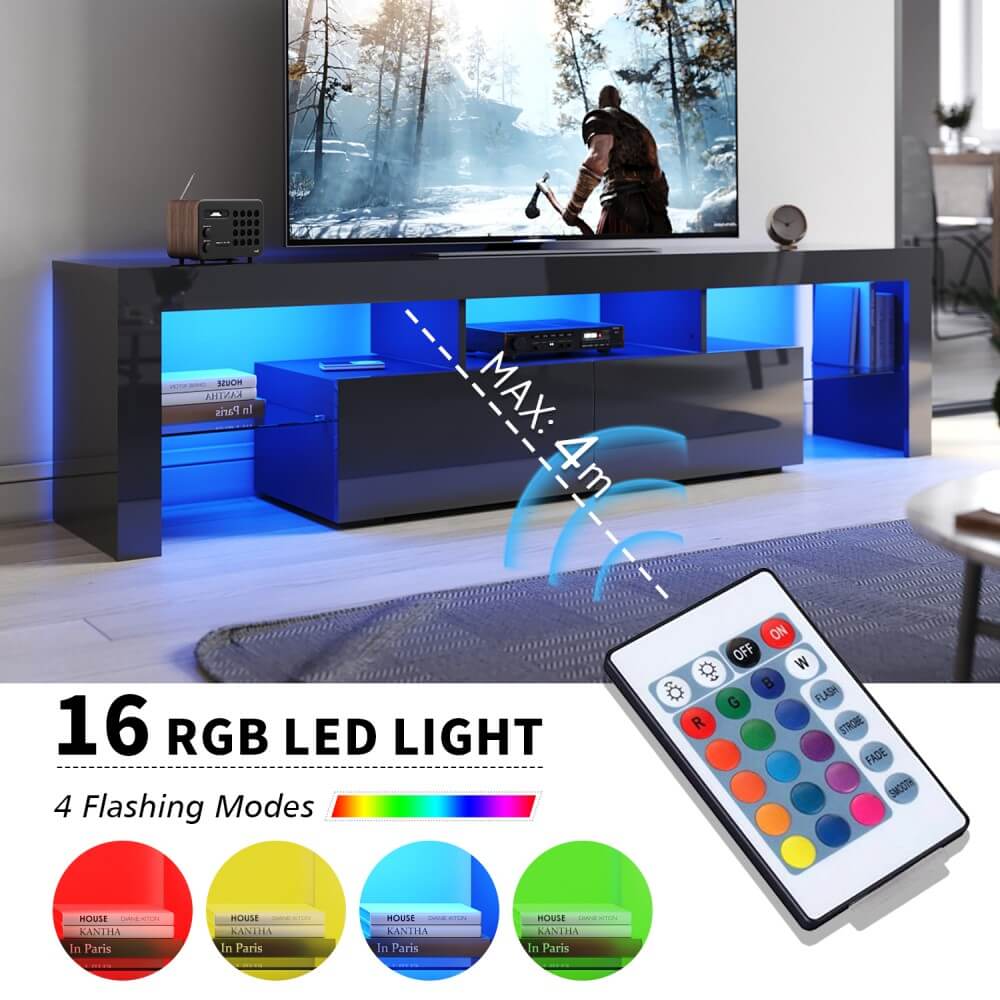 1800mm 16 Colors LED TV Entertainment Storage Unit Black - Elegantshowers