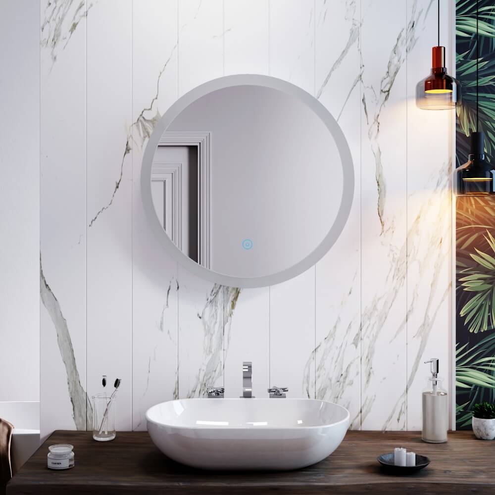 580 620 840mm LED Light Round Bathroom Mirror in dim mode