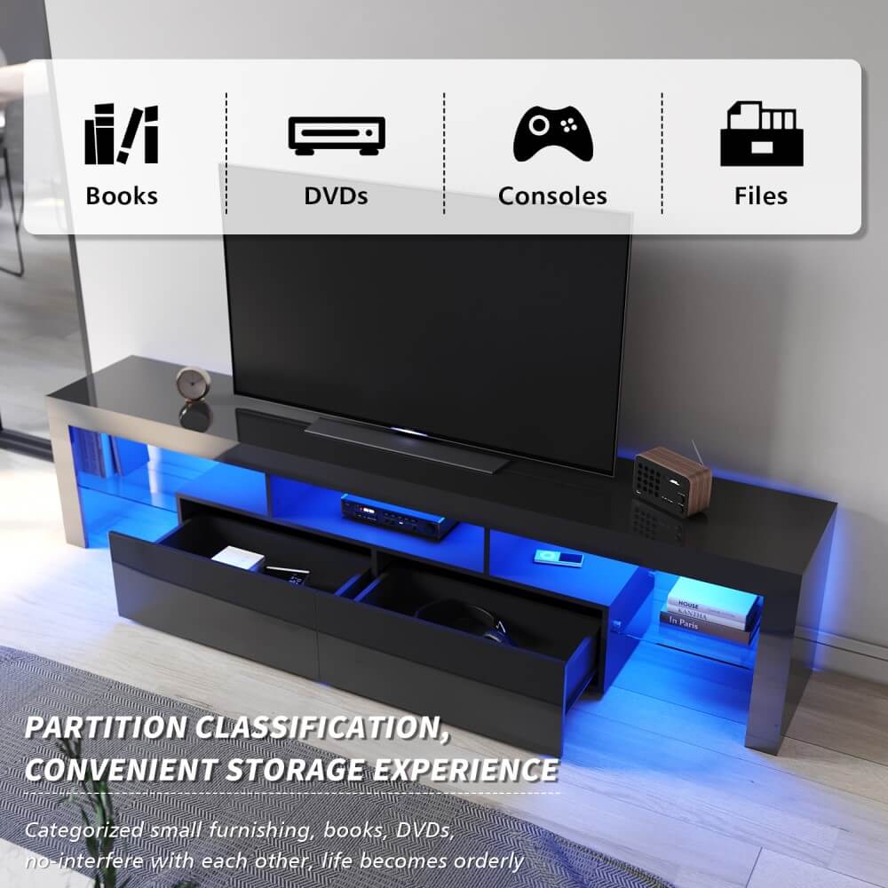 2000mm 16 Colors LED TV Entertainment Storage Unit Black - Elegantshowers