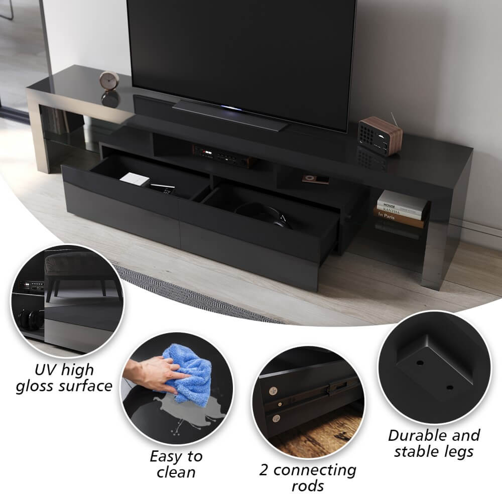 2000mm 16 Colors LED TV Entertainment Storage Unit Black - Elegantshowers