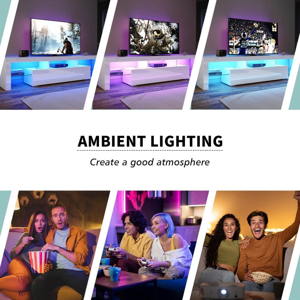 2000mm 16 Colors LED TV Entertainment Storage Unit White - Elegantshowers