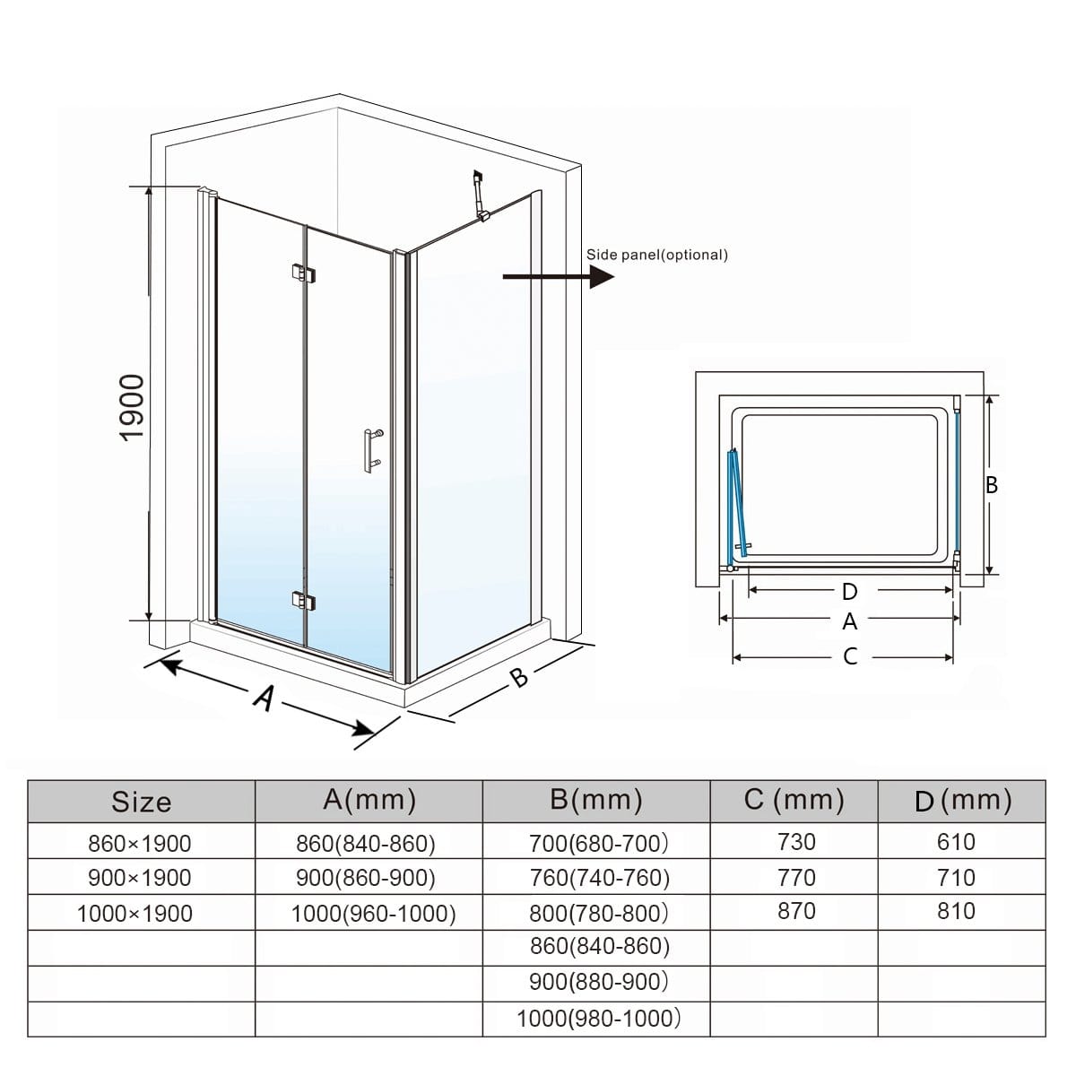 ELEGANT SHOWERS Frameless Bifold Pivot Shower Screen Shower Enclosure Size Description - Elegantshowers
