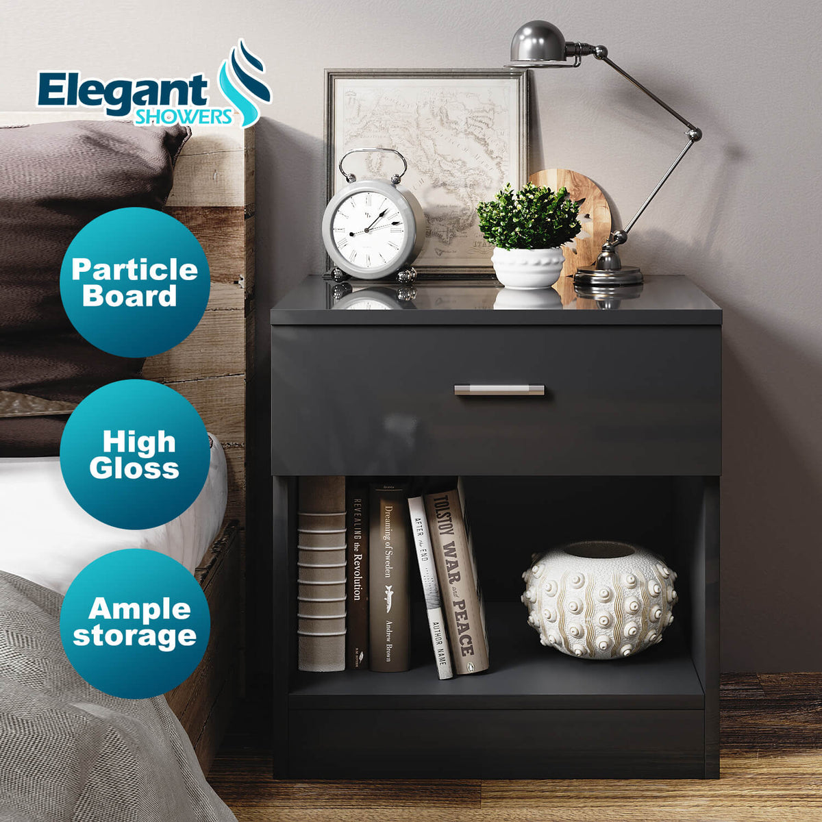 ELEGANT SHOWERS One Drawer Bedside Table Black - Elegantshowers