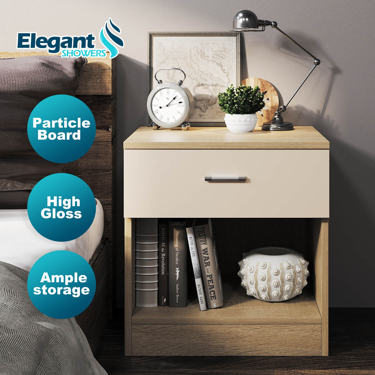 ELEGANT SHOWERS One Drawer Bedside Table Cream &Oak - Elegantshowers