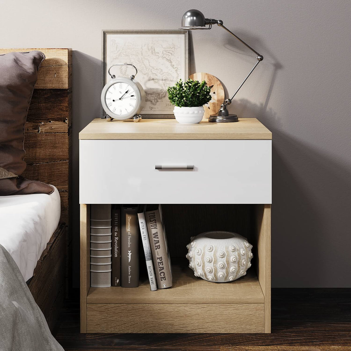 ELEGANT SHOWERS One Drawer Bedside Table White &Oak - Elegantshowers