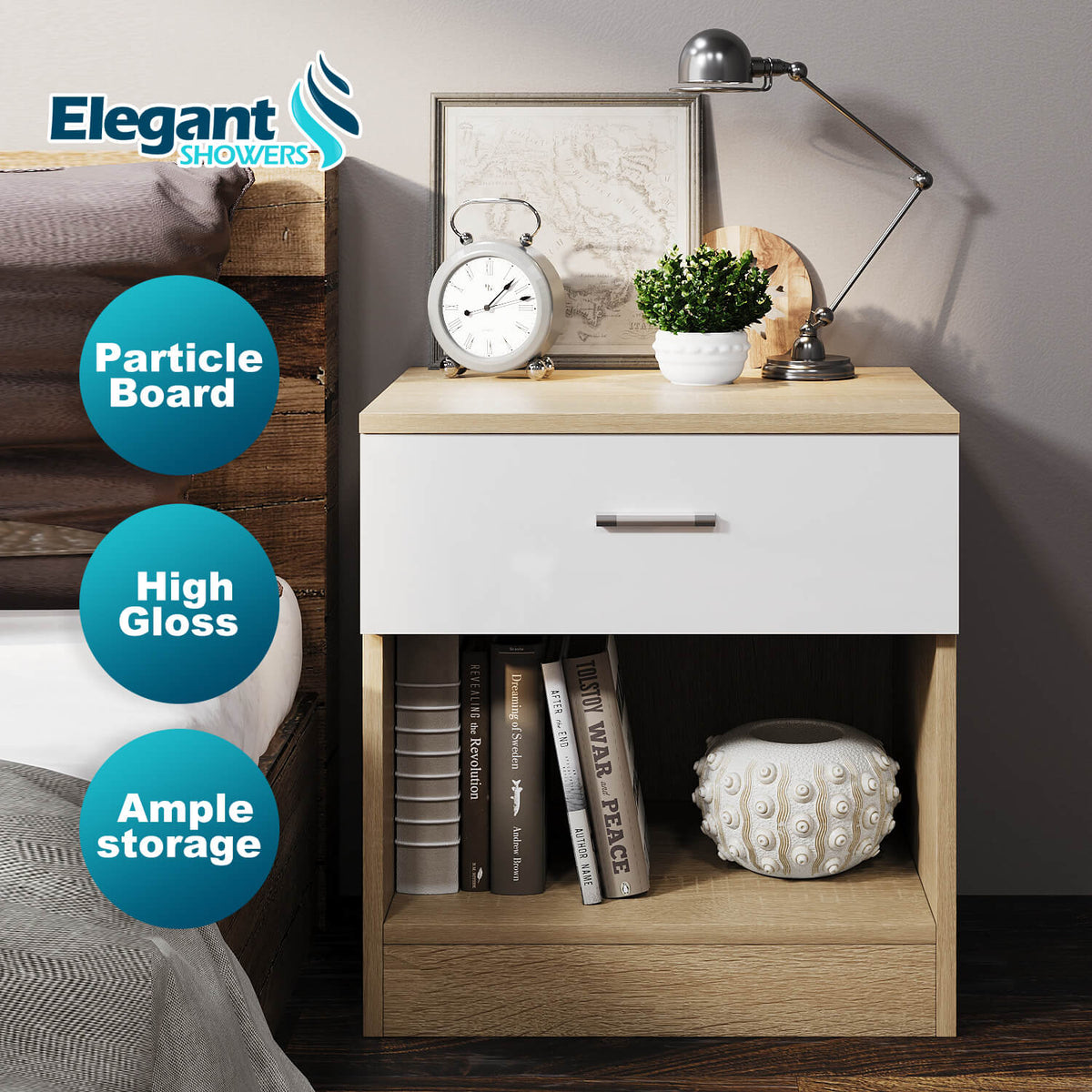 ELEGANT SHOWERS One Drawer Bedside Table White &Oak - Elegantshowers