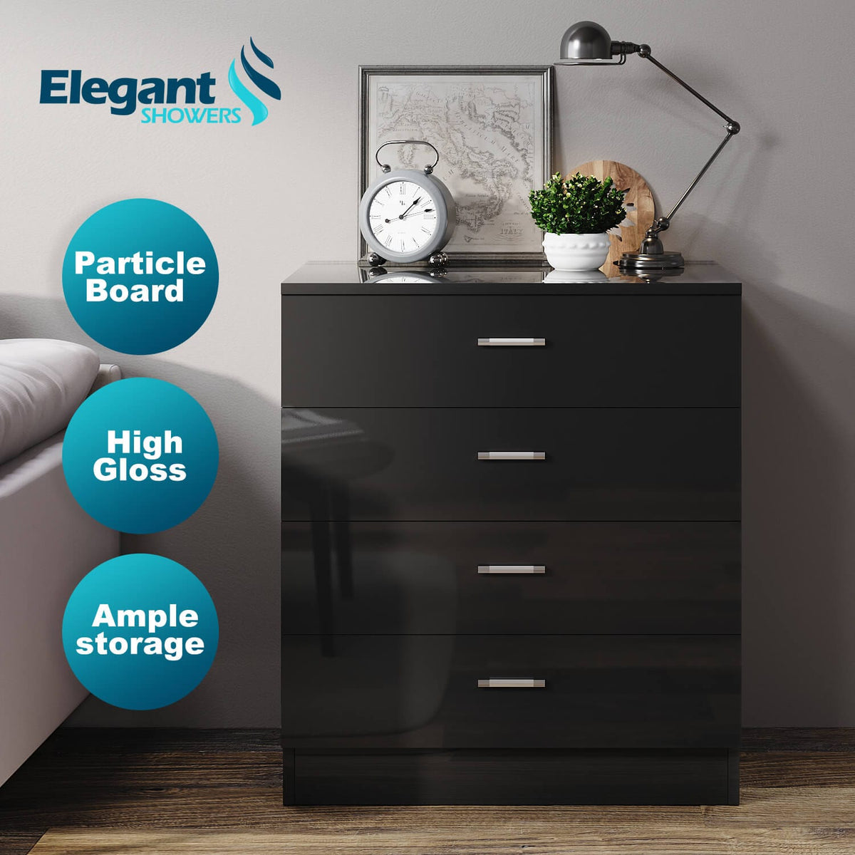 ELEGANT SHOWERS Four Drawer Bedside Table Black - Elegantshowers