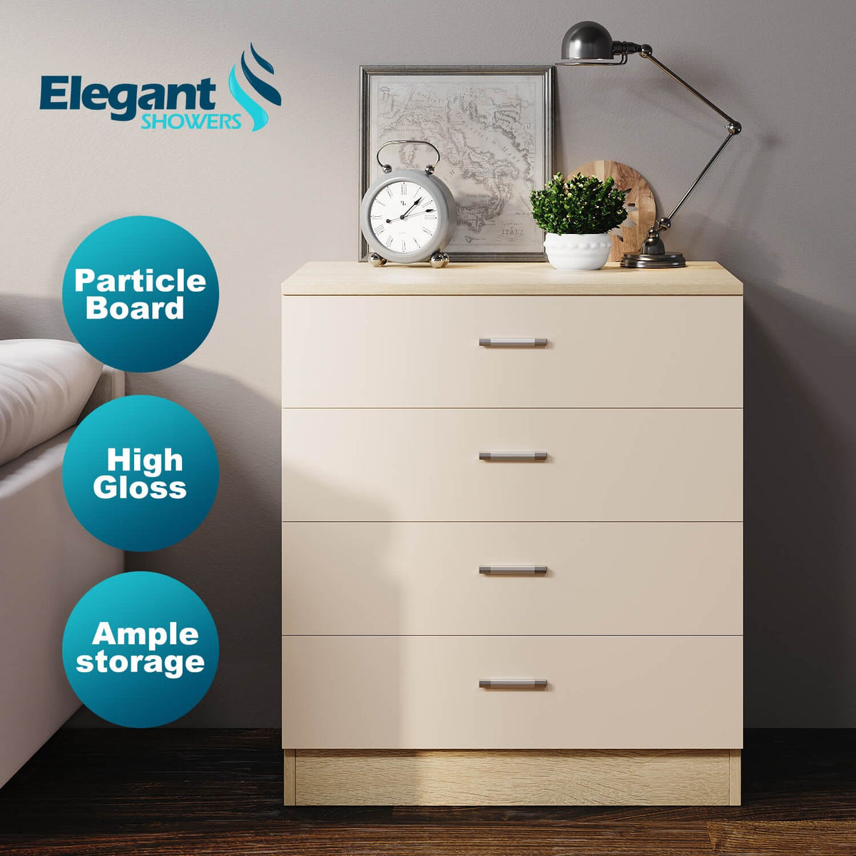 ELEGANT SHOWERS Four Drawer Bedside Table Cream &Oak - Elegantshowers