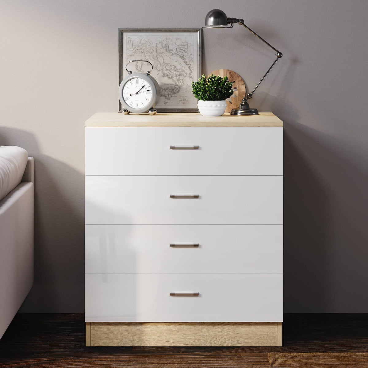 ELEGANT SHOWERS Four Drawer Bedside Table White &Oak - Elegantshowers