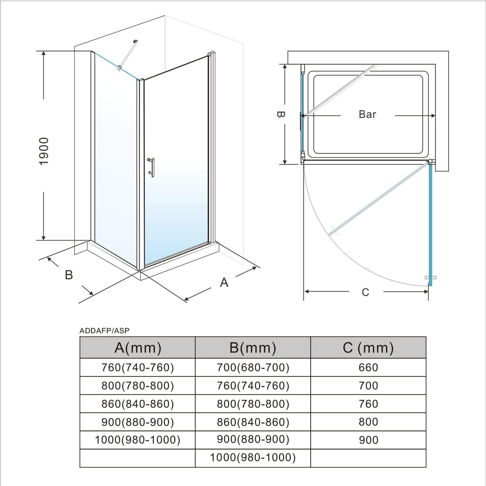 ELEGANT SHOWERS Bathroom Frameless Pivot Shower Screen Size Description- Elegantshowers